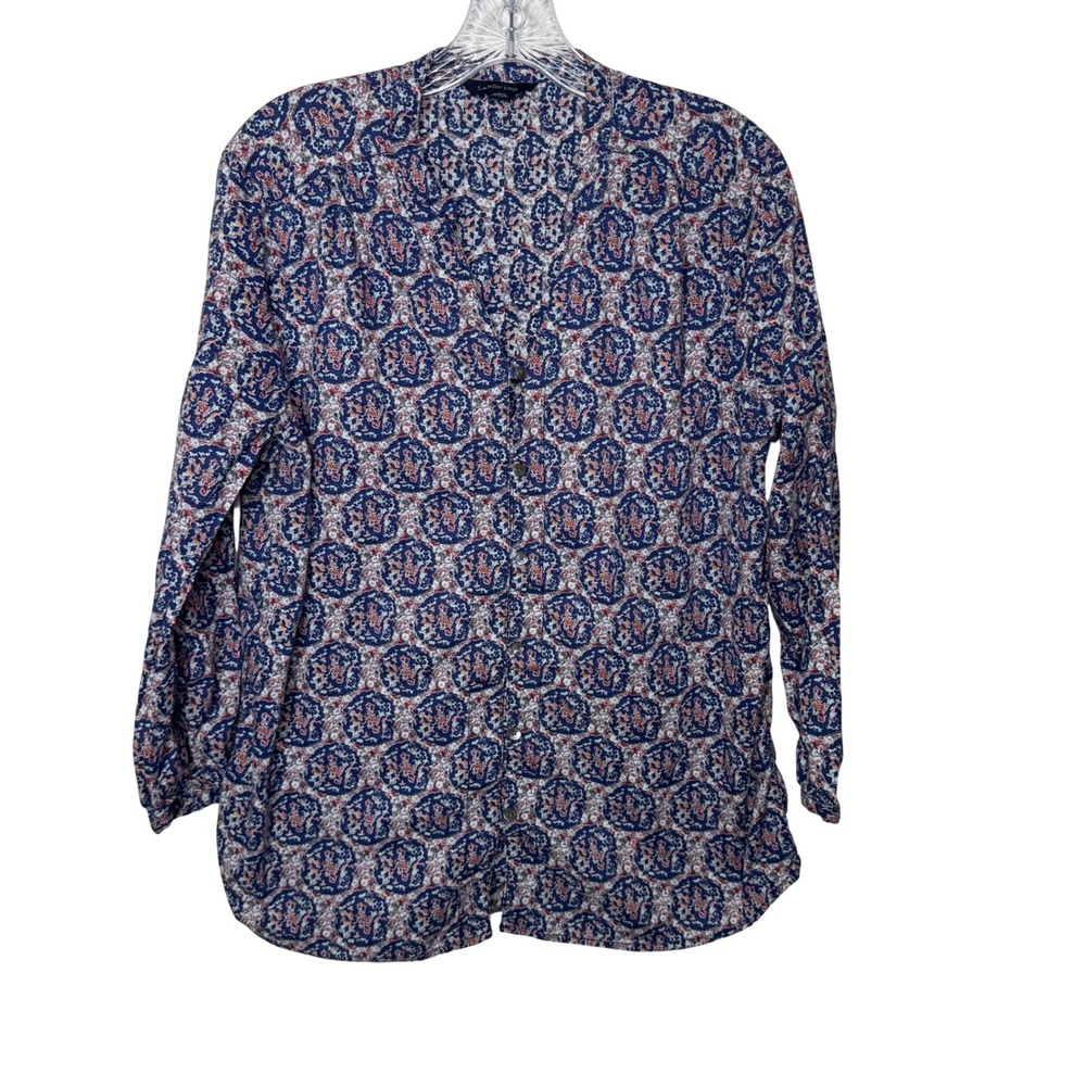 Lands End Womens 14 Blue Red Paisley Medallion‎ Cotton Button Up Blouse Top